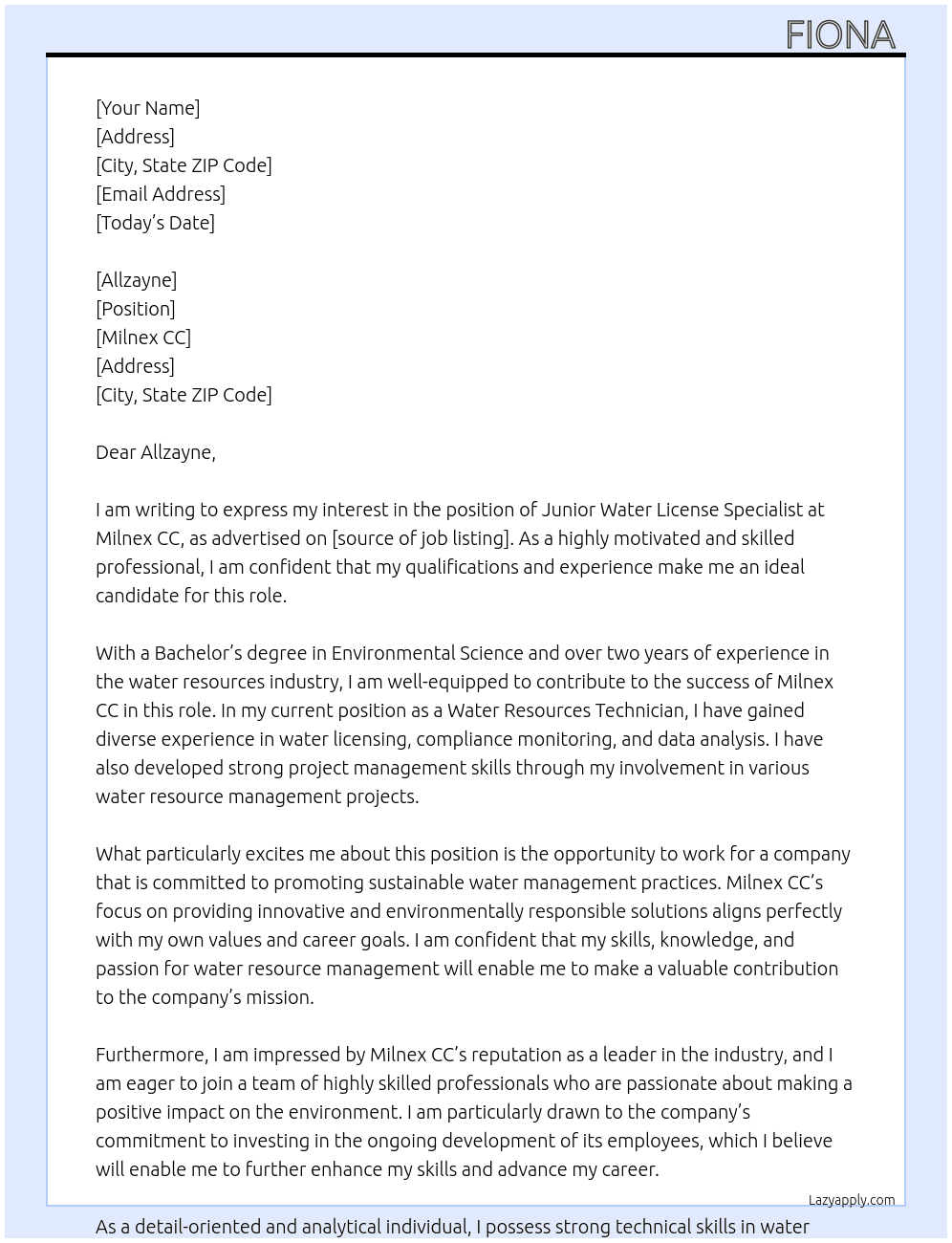 Junior Water License Specialist  At Milnex CC Cover Letter