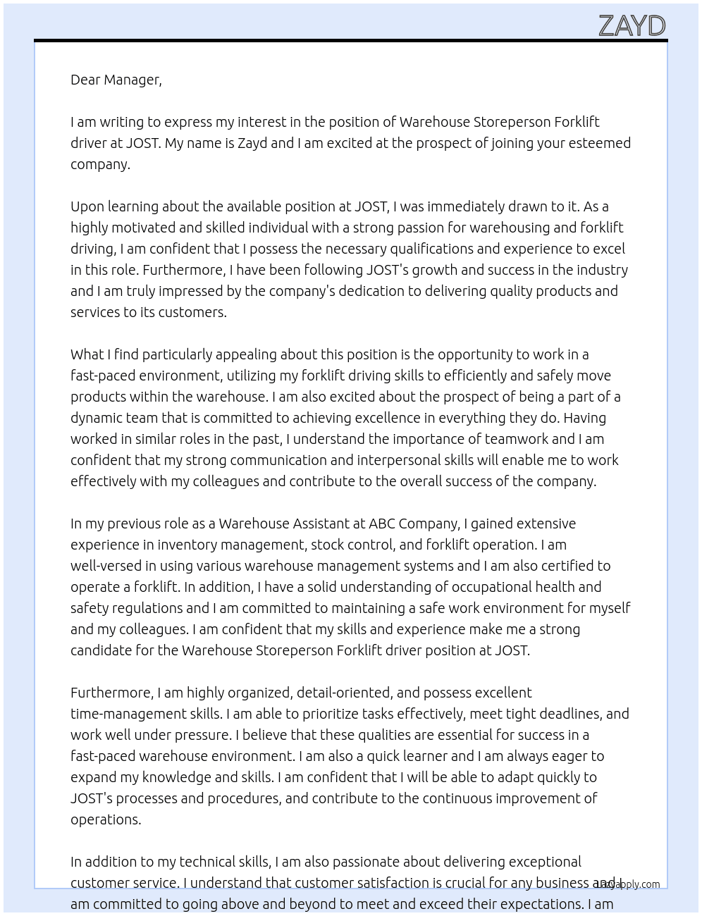 Warehouse Storeperson Forklift driver At JOST Cover Letter