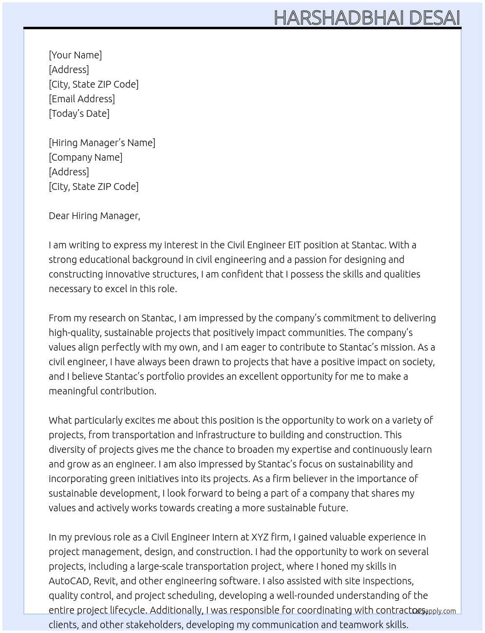 Civil Engineer EIT At Stantac Cover Letter