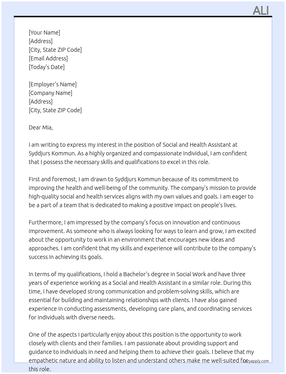 social and health assistant At syddjurs kommun Cover Letter