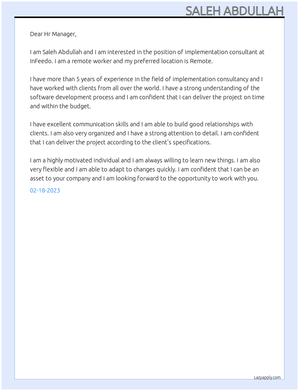 implementation consultant At InFeedo Cover Letter