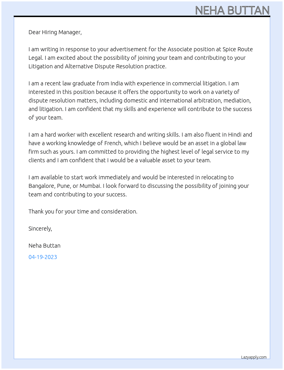 Associate  At Spice Route Legal Cover Letter
