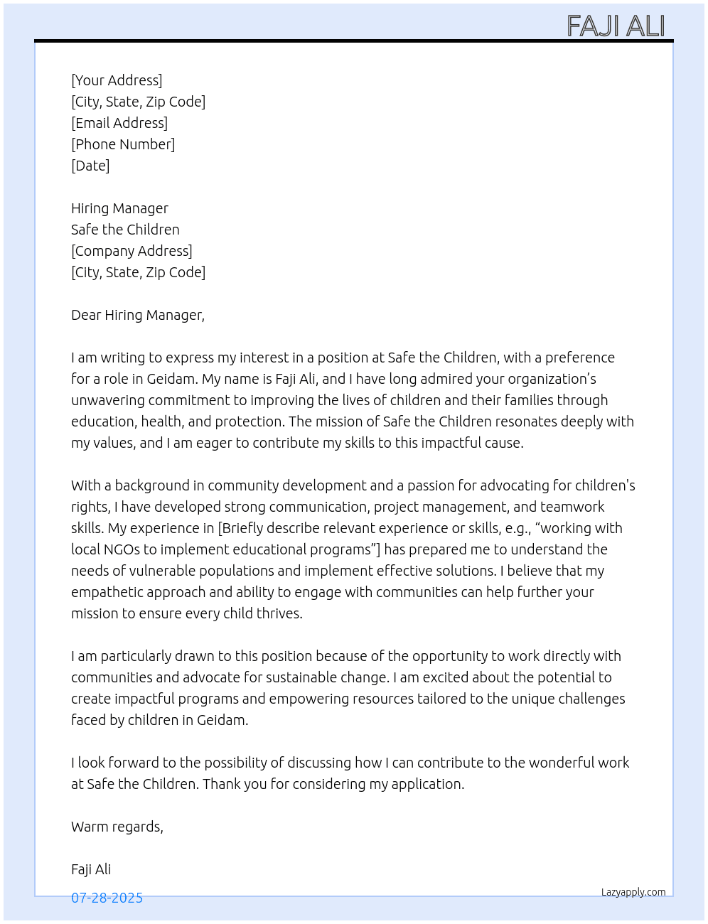 Cover letter for safe the children - LazyApply