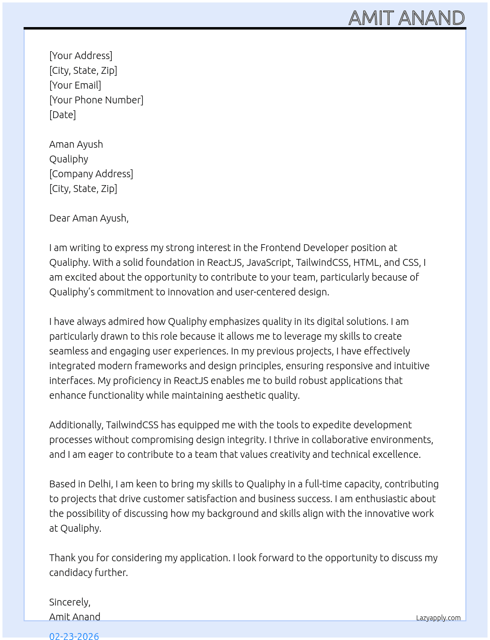 Cover letter for front-end developer - LazyApply