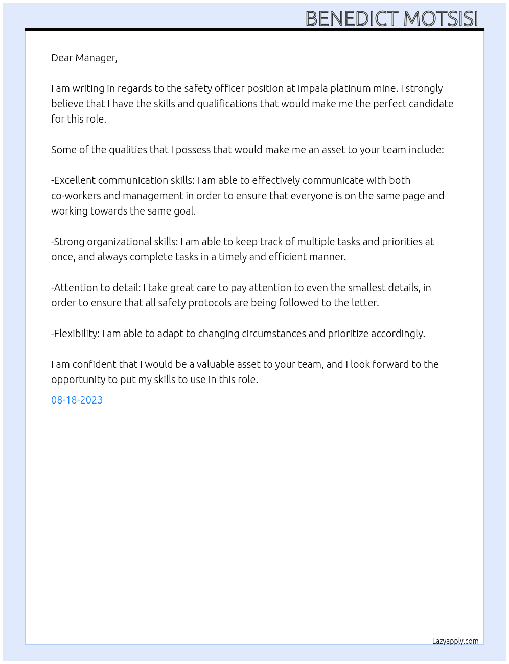 Safety officer  At Impala platinum mine  Cover Letter