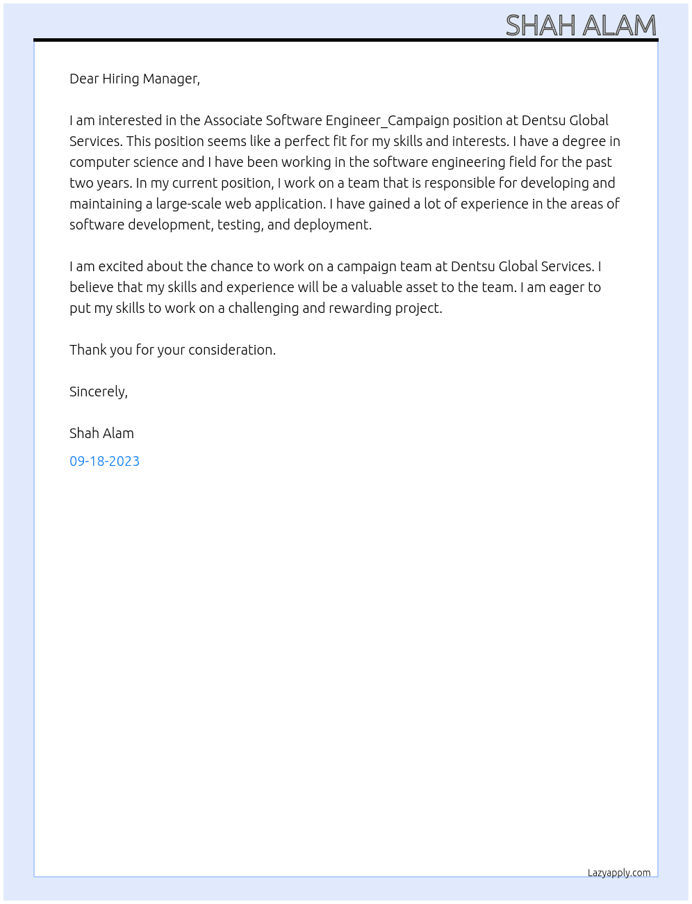 Associate Software Engineer_Campaign At Dentsu Global Services  Cover Letter