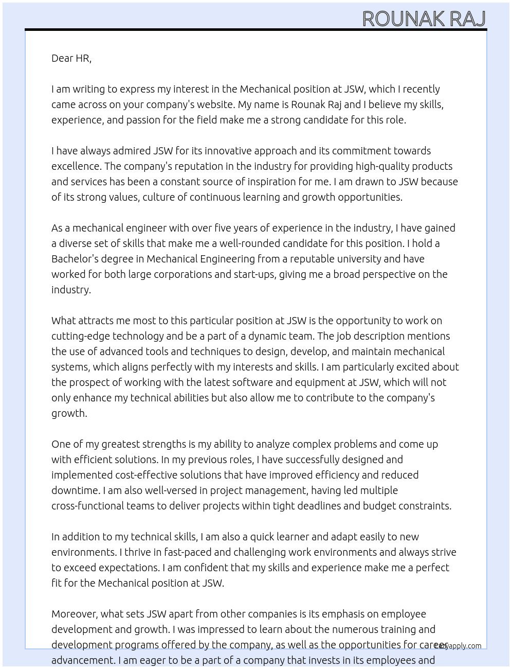 Mechanical At Jsw Cover Letter