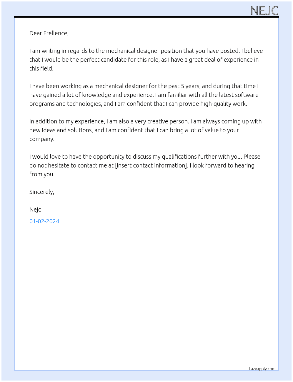 Mechanical designer At frellence Cover Letter