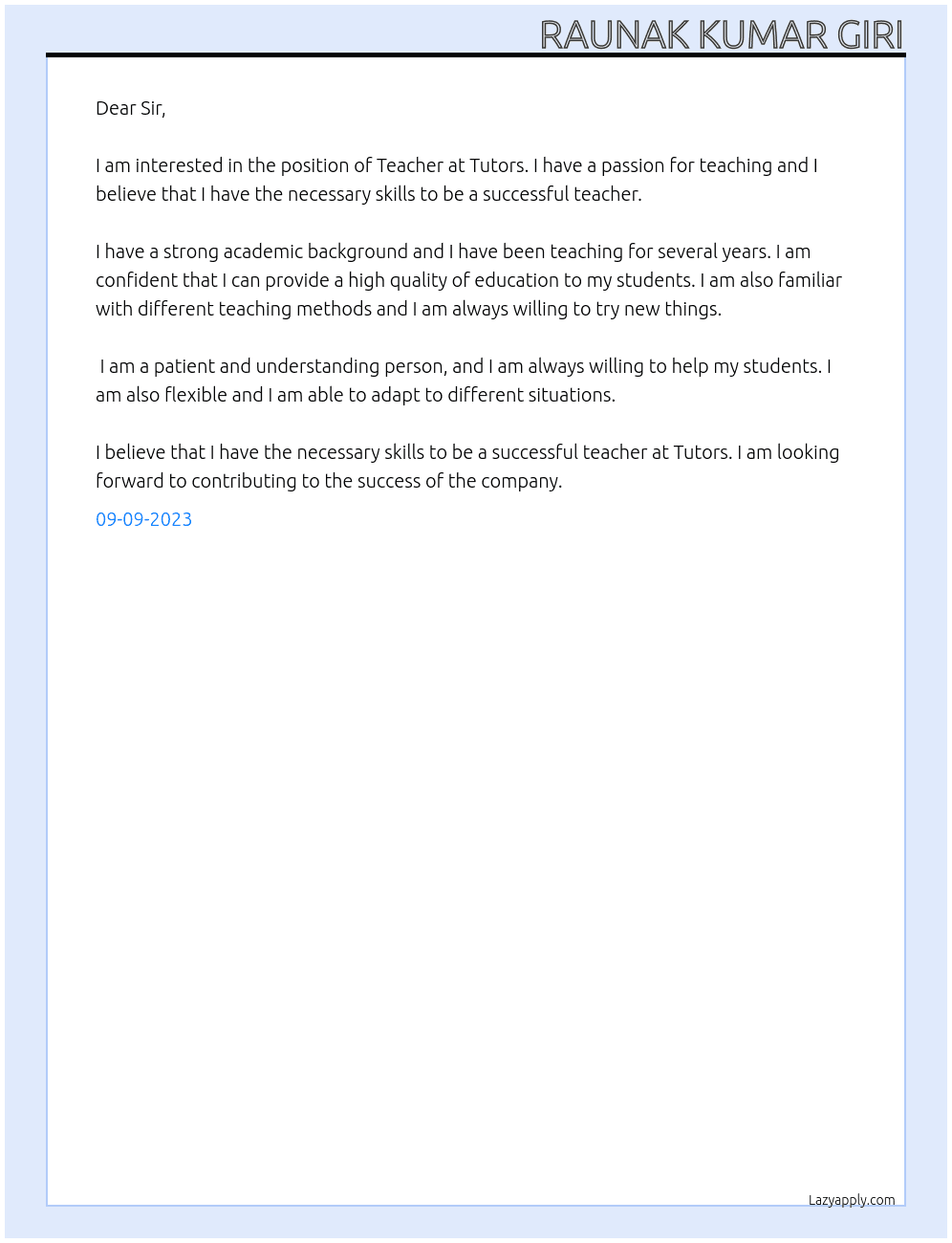 Teacher At Tutors  Cover Letter