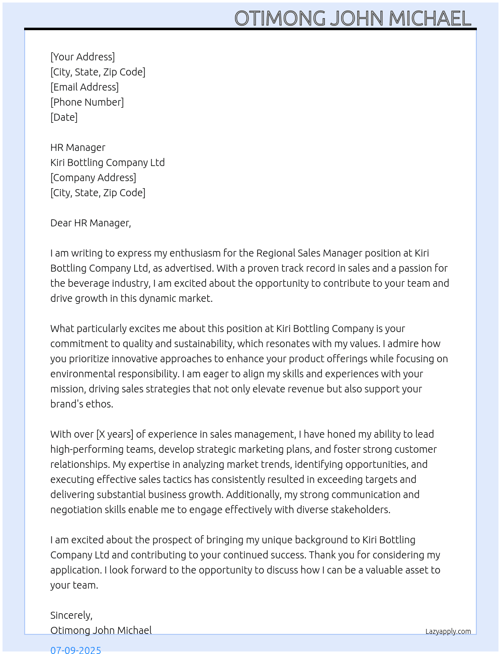 Regional sales manager  At Kiri bottling company ltd Cover Letter
