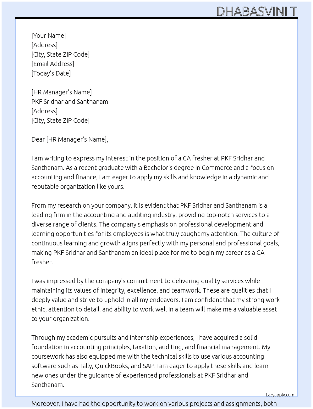 CA fresher At PKF Sridhar and Santhanam Cover Letter