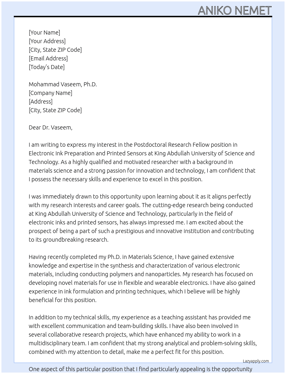 Postdoctoral Research Fellow Position in Electronic Ink Preparation and Printed Sensors At King Abdullah University of Science and Technology Cover Letter