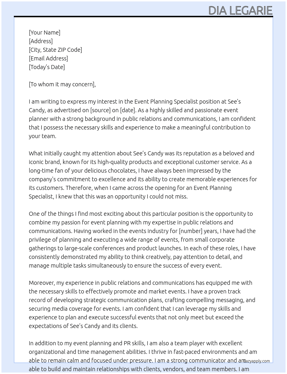 Event Planning specialist  At See’s Candy Cover Letter