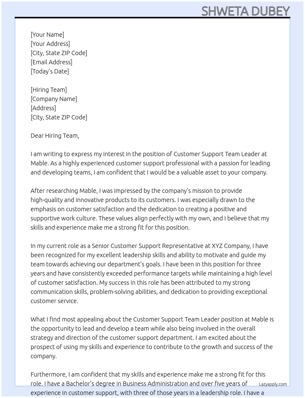 Customer Support Team Leader At Mable Cover Letter