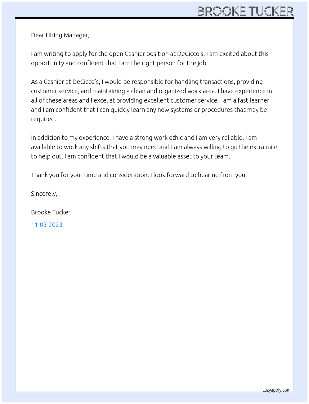 Cashier At DeCicco’s Cover Letter