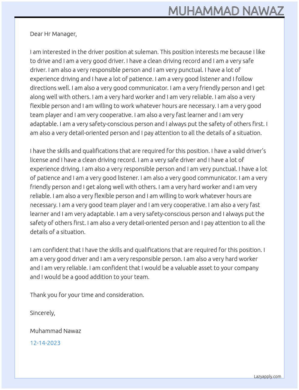 driver  At suleman  Cover Letter
