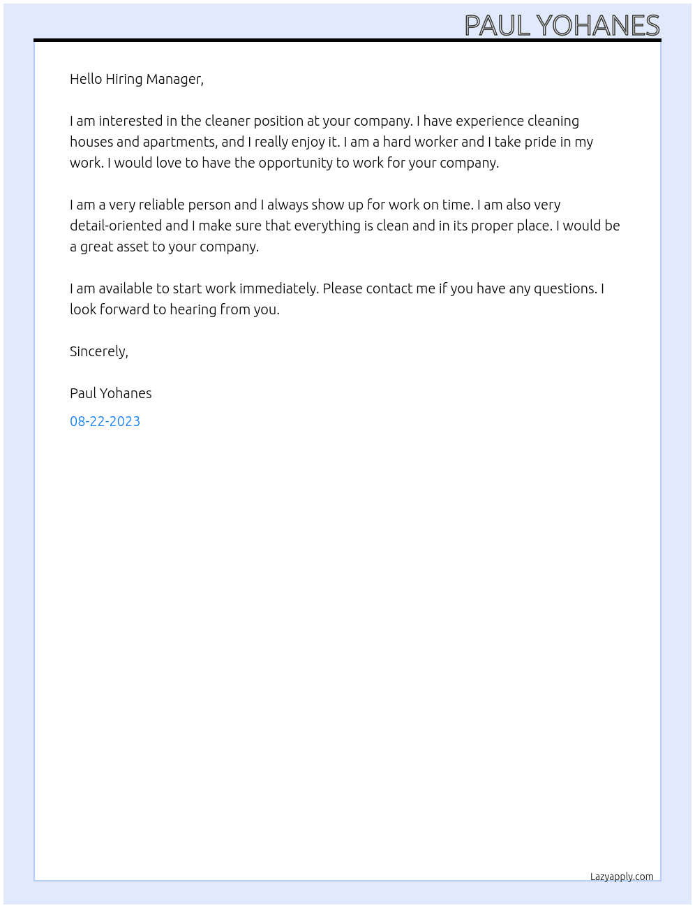 cleaner At orgarnization Cover Letter