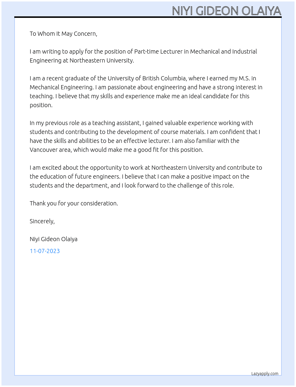 Part-time Lecturer - Mechanical and Industrial Engineering At Northeastern University, 1400 - 410 West Georgia St., Vancouver, BC Cover Letter