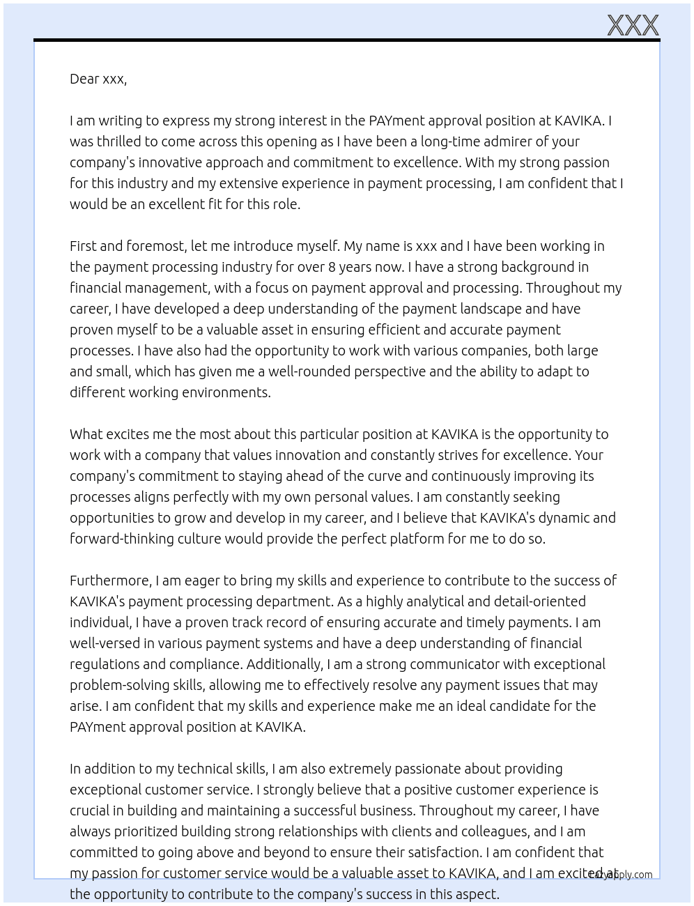 PAYment approval At KAVIKA Cover Letter