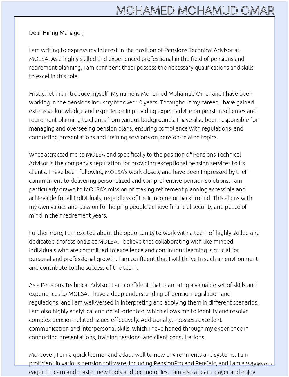 Pensions Technical Advisor At MOLSA Cover Letter