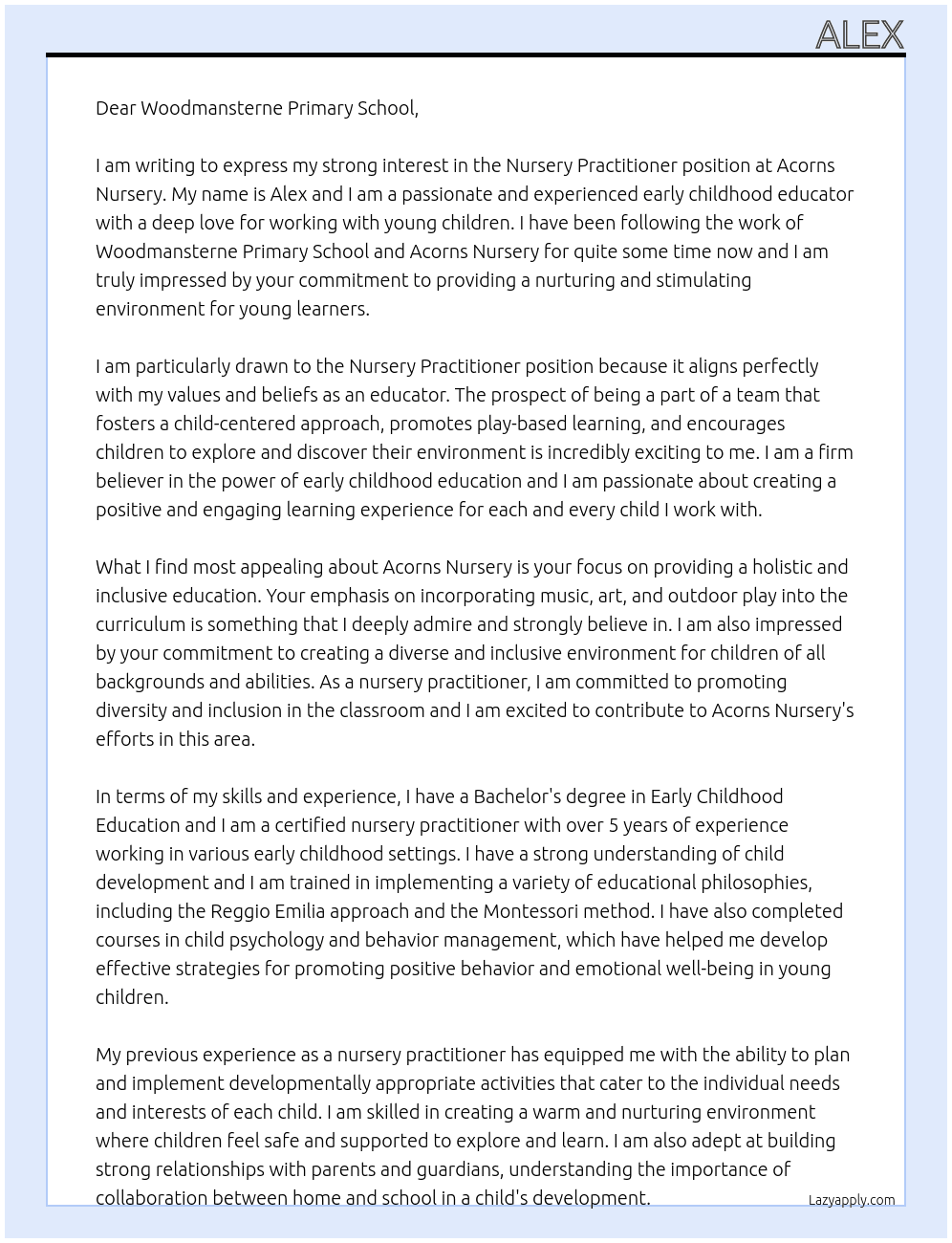 Nursery practitioner  At Acorns nursery Cover Letter