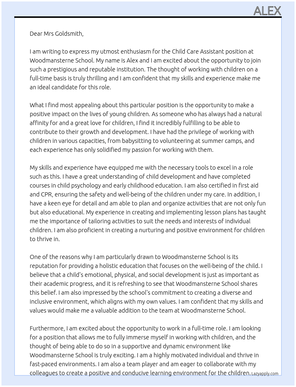 Child care assistant  At Woodmansterne school  Cover Letter