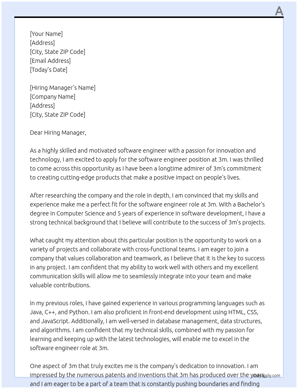 software engineer  At 3m Cover Letter
