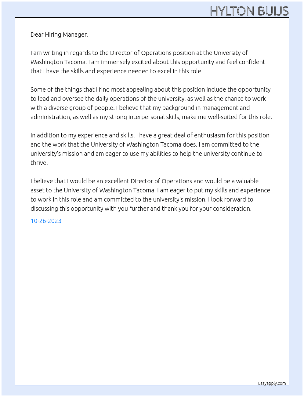 Director of Operations At University of Washington Tacoma Cover Letter