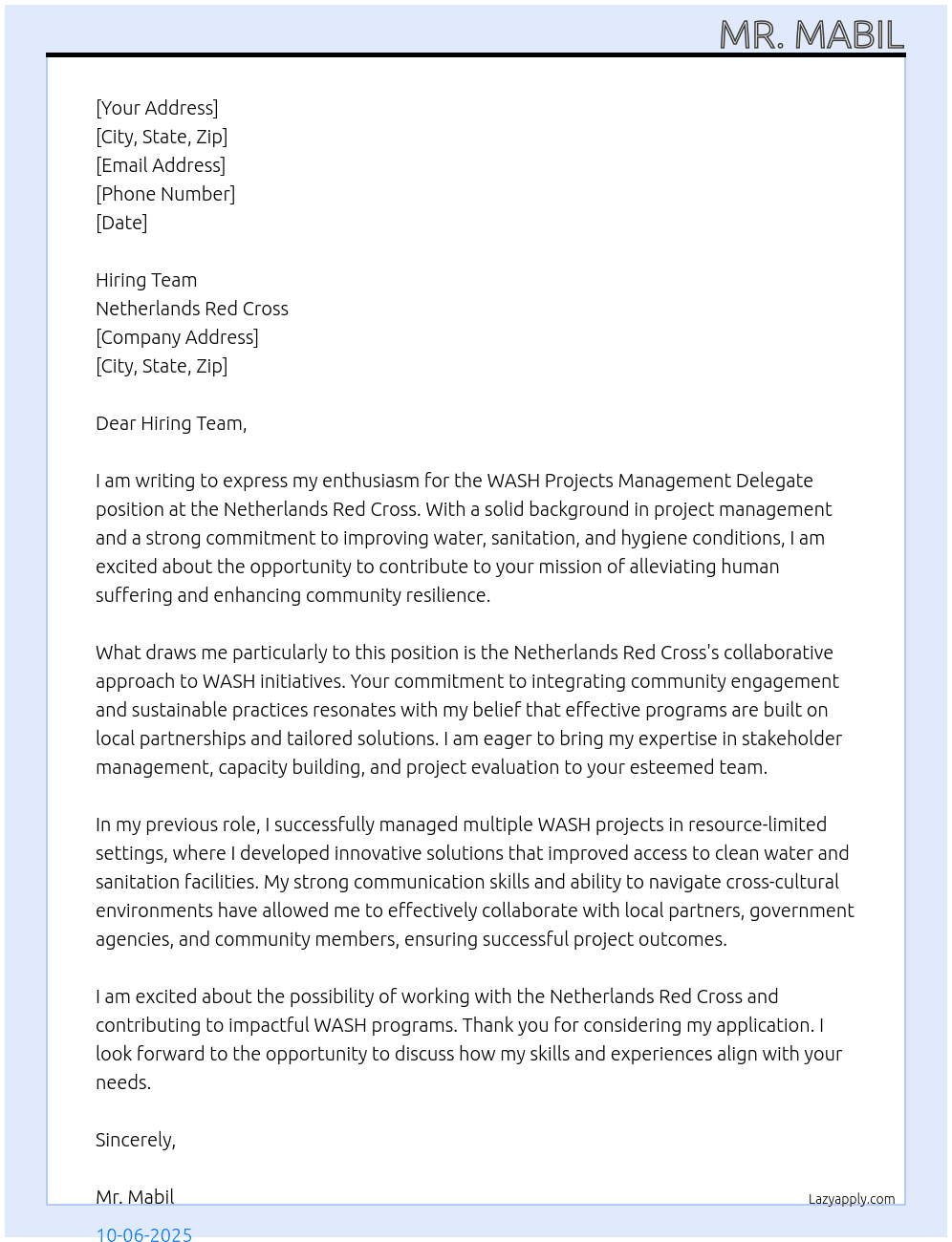 WASH Projects Management Delegate At Netherlands Red Cross Cover Letter