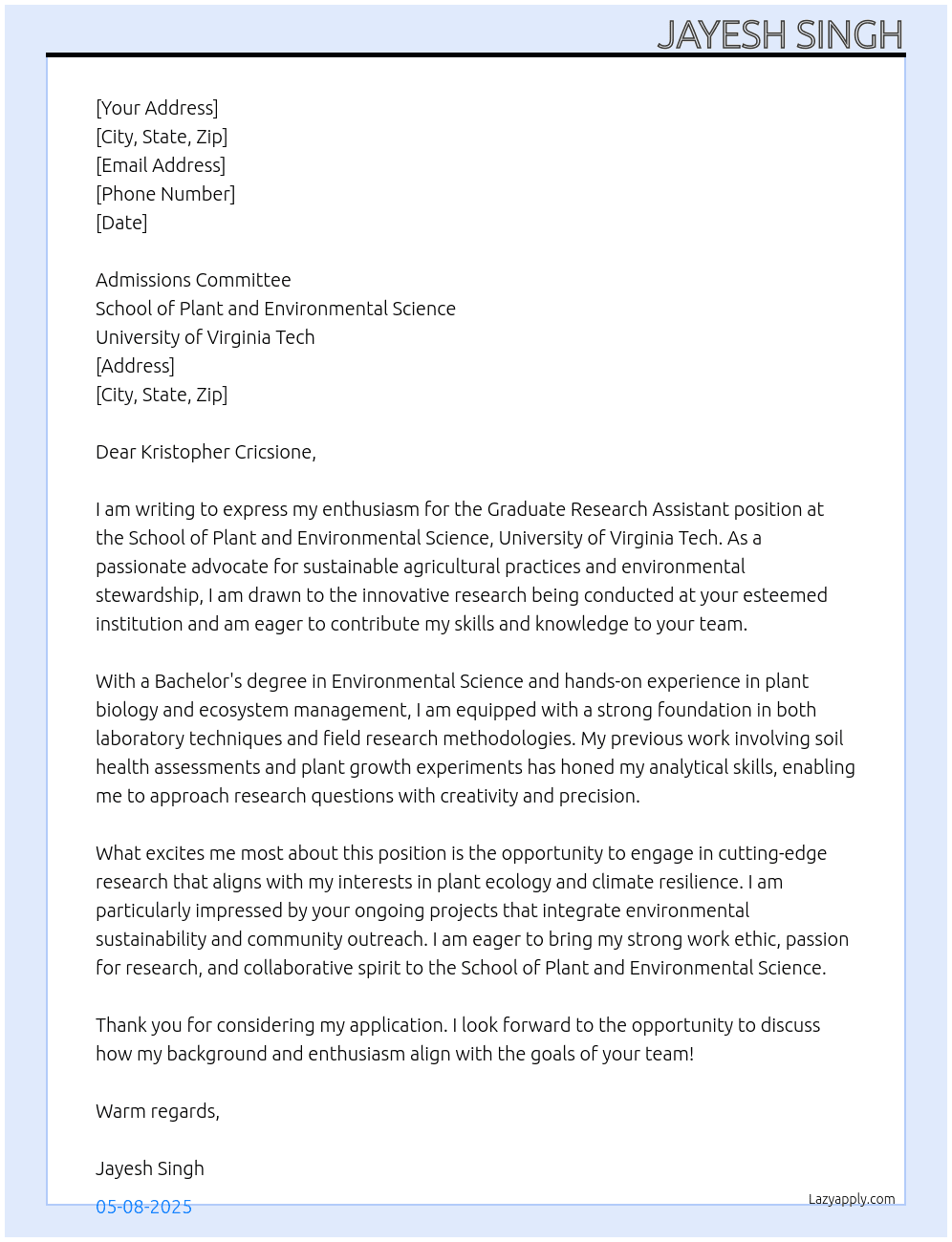 Cover letter for graduate research assistant masters position - LazyApply