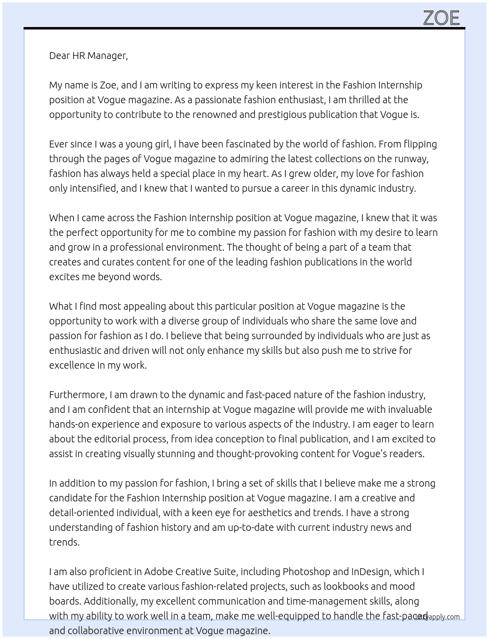 Fashion Internship At Vogue magazine Cover Letter
