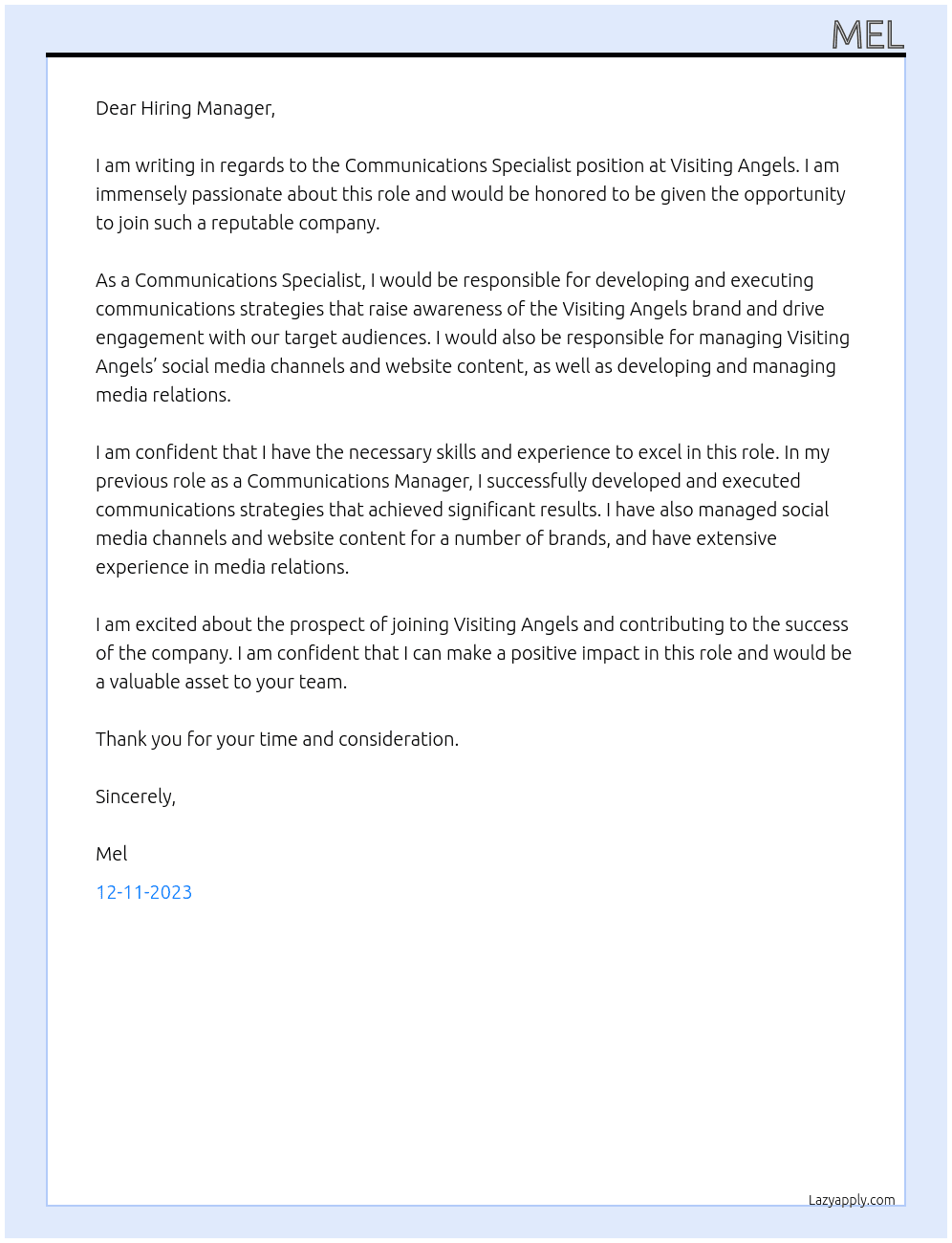 Communications specialist At visiting angels Cover Letter