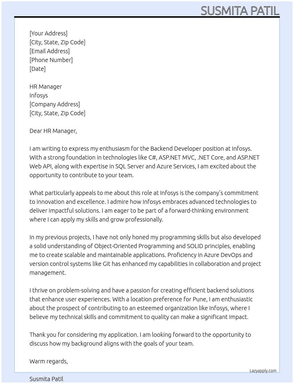 backend developer At Infosys Cover Letter
