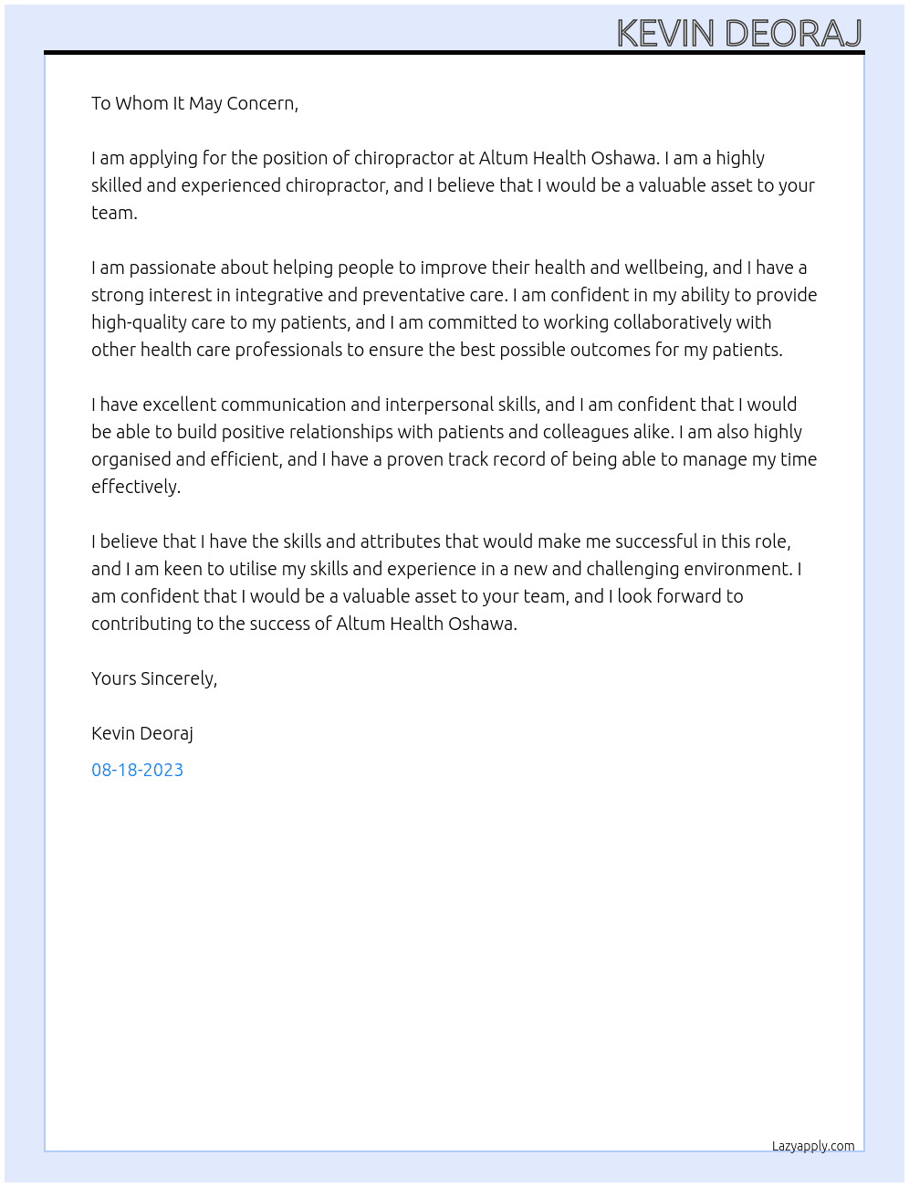 chiropractor At Altum Health Oshawa Cover Letter