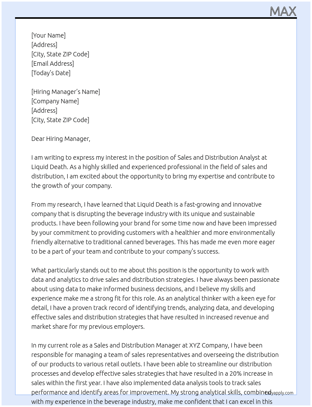 Sales and Distrubution analyst At Liquid Death Cover Letter