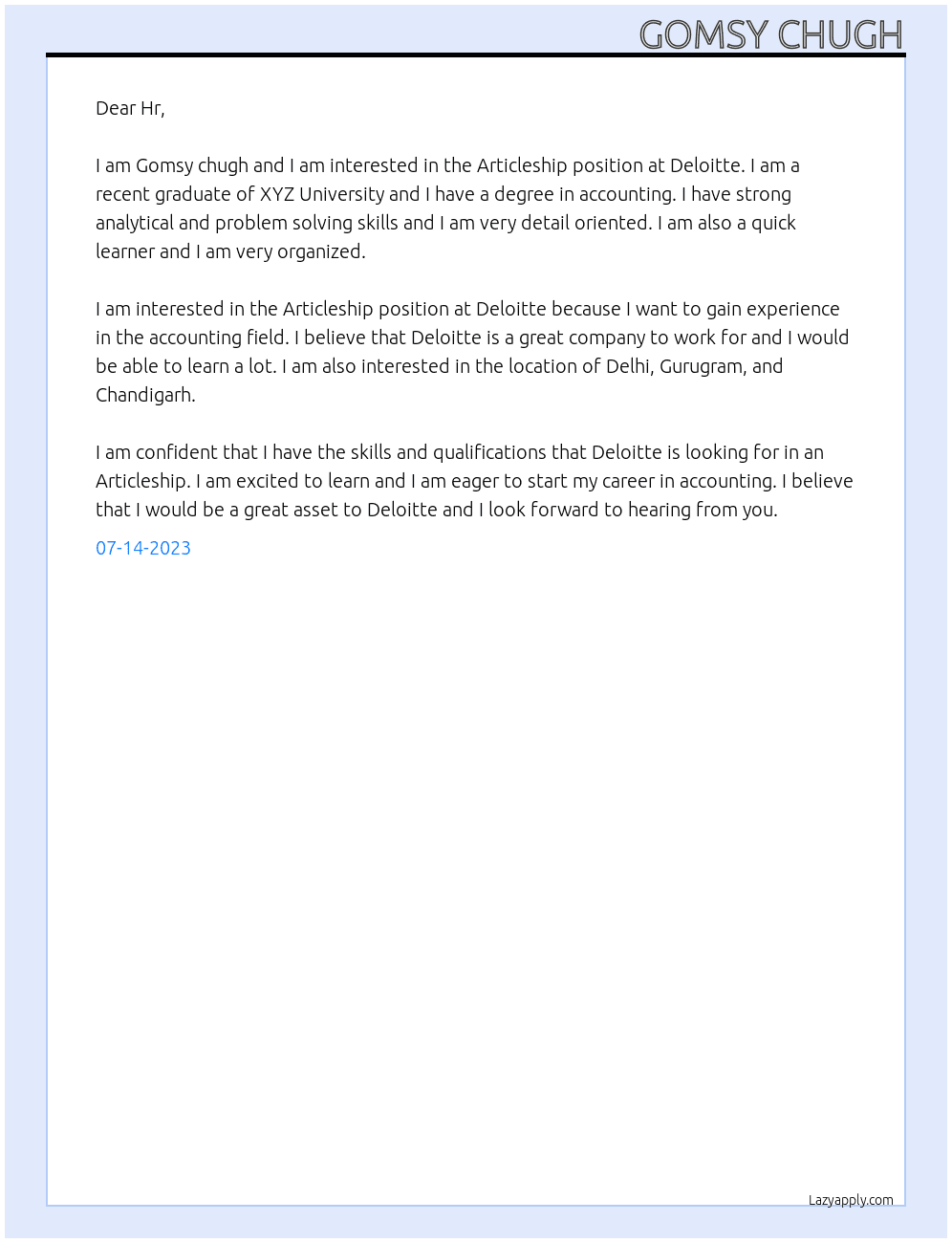 Articleship At Deloitte Cover Letter