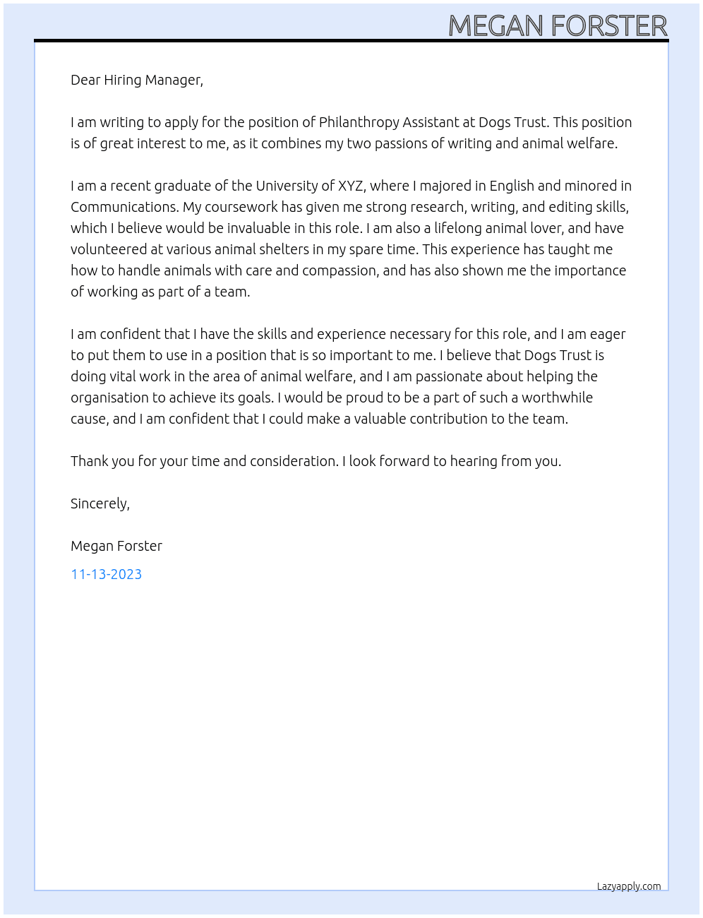 Philanthropy Assistant At Dogs Trust Cover Letter