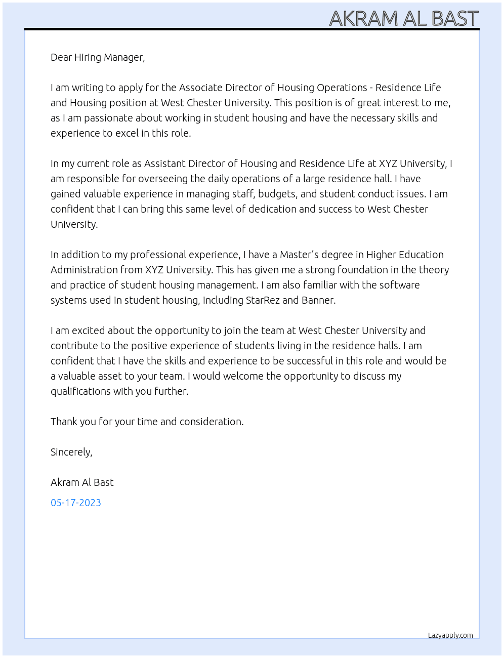 Associate Director of Housing Operations - Residence Life and Housing At WEST CHESTER UNIVERSITY Cover Letter