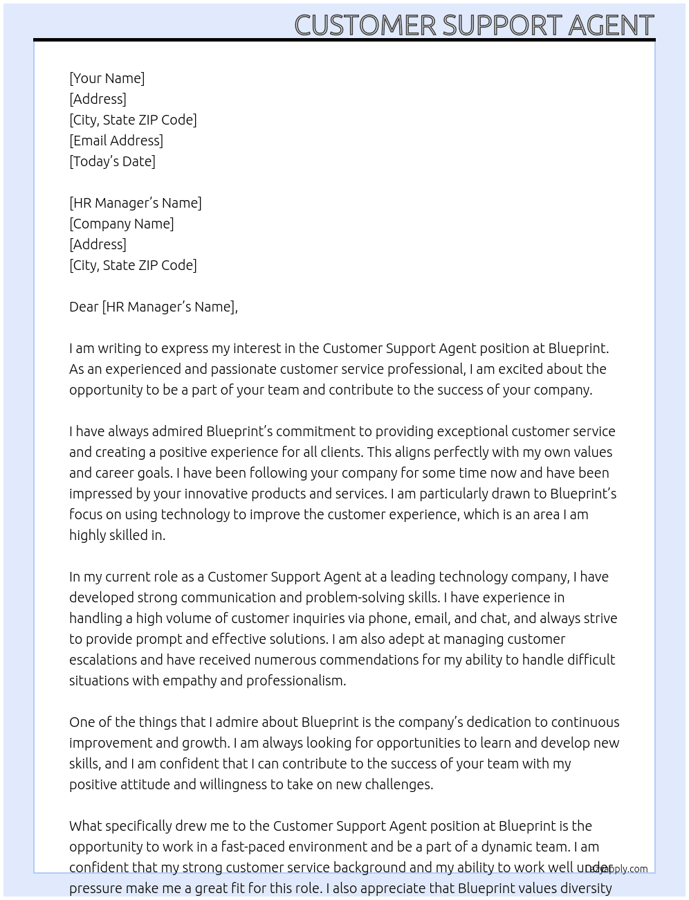 Customer Support Agent At Blueprint Cover Letter