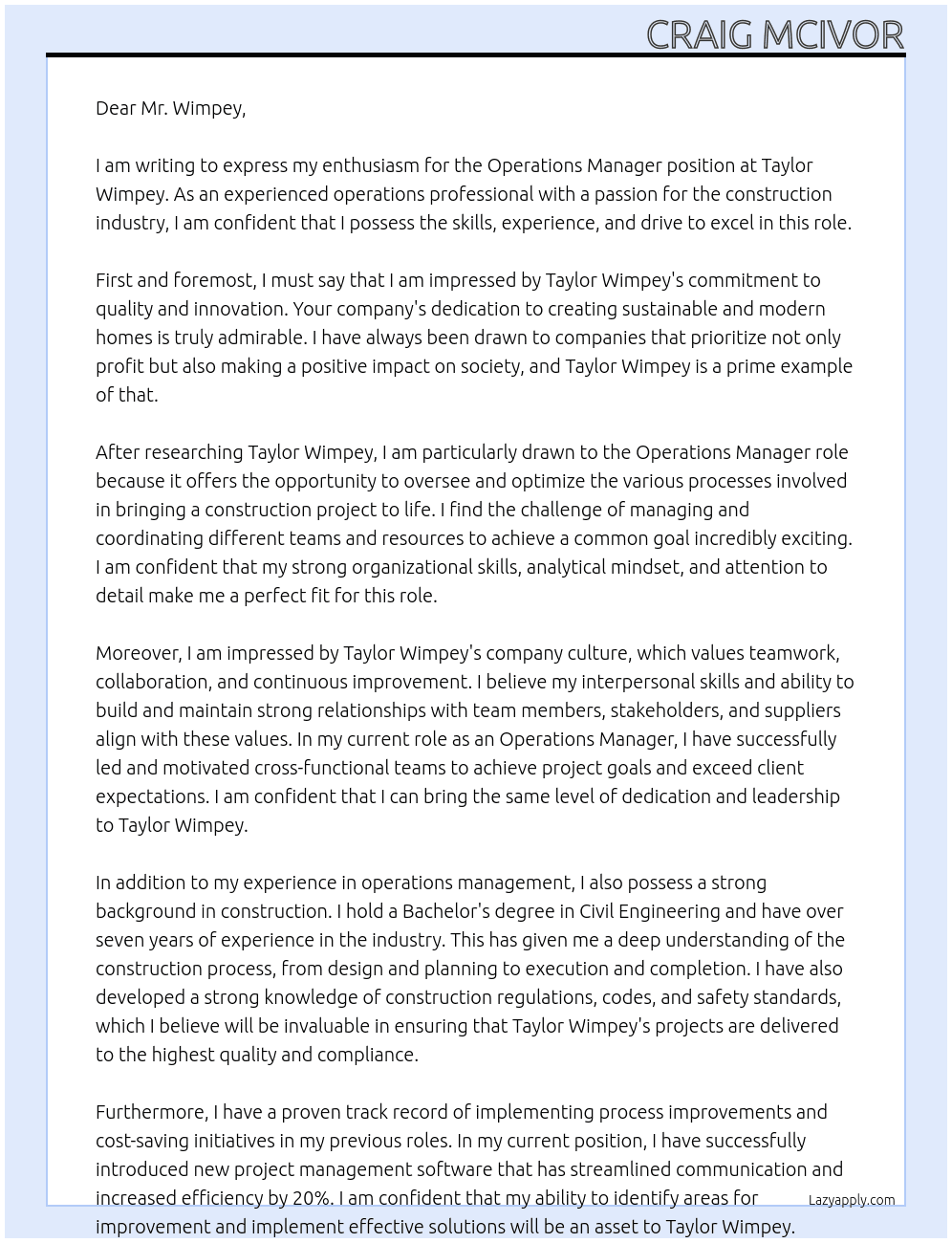 Operations Manager At Taylor Wimpy Cover Letter