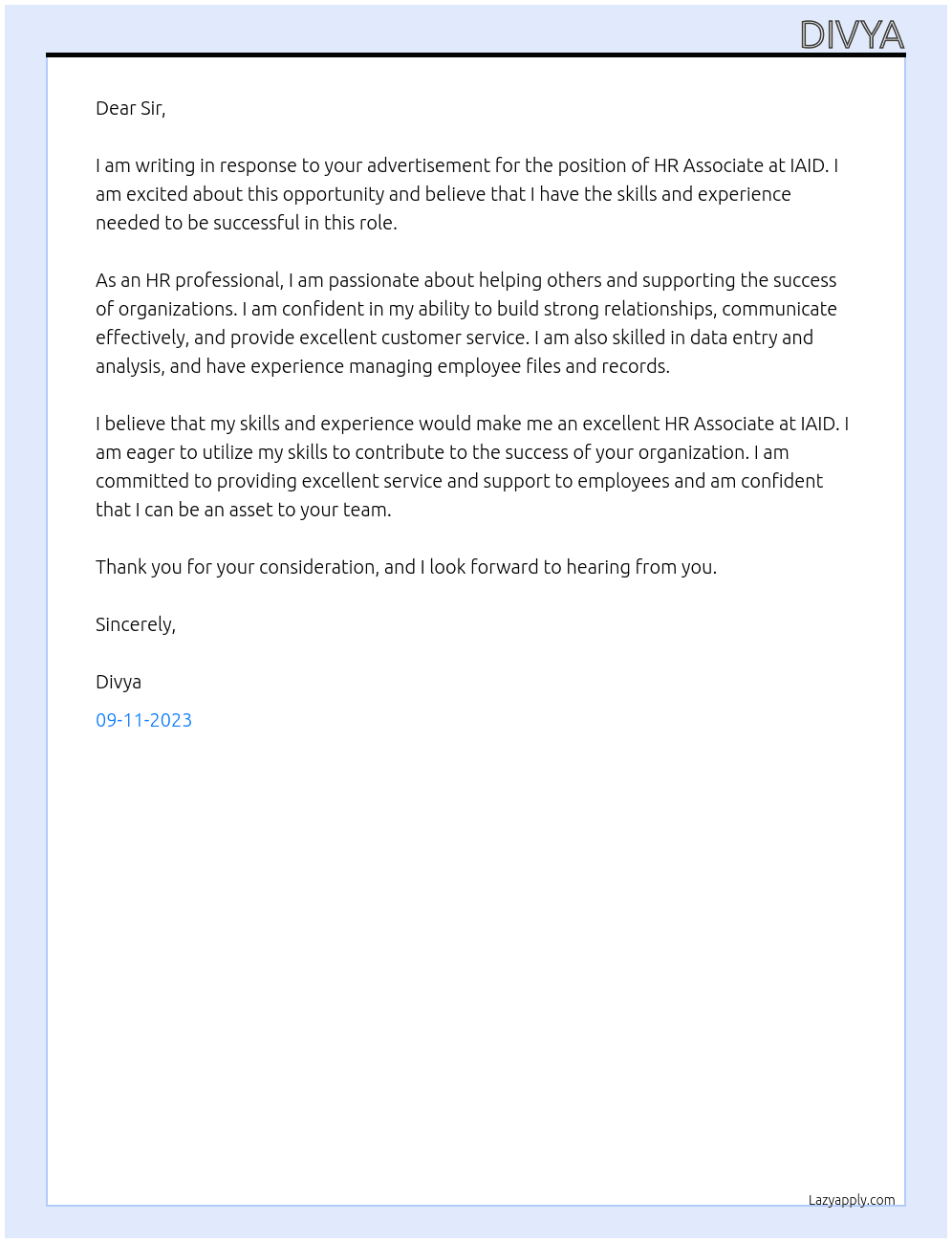 HR ASSOCIATE At IAID Cover Letter