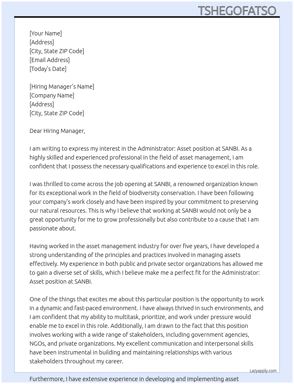 Adminstrator: Asset  At SANBI Cover Letter