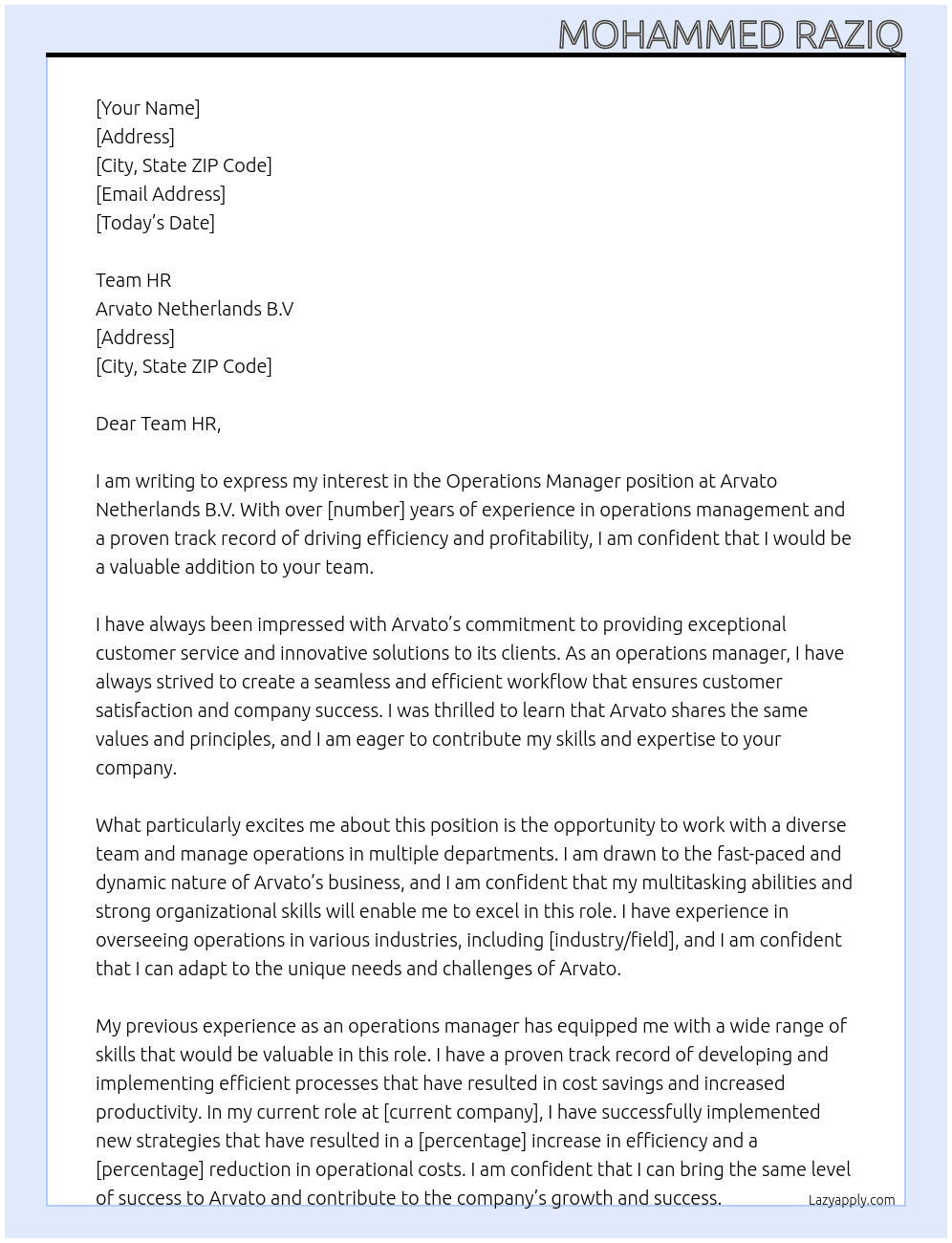 OPERATIONS MANAGER At Arvato Netherlands B.V Cover Letter