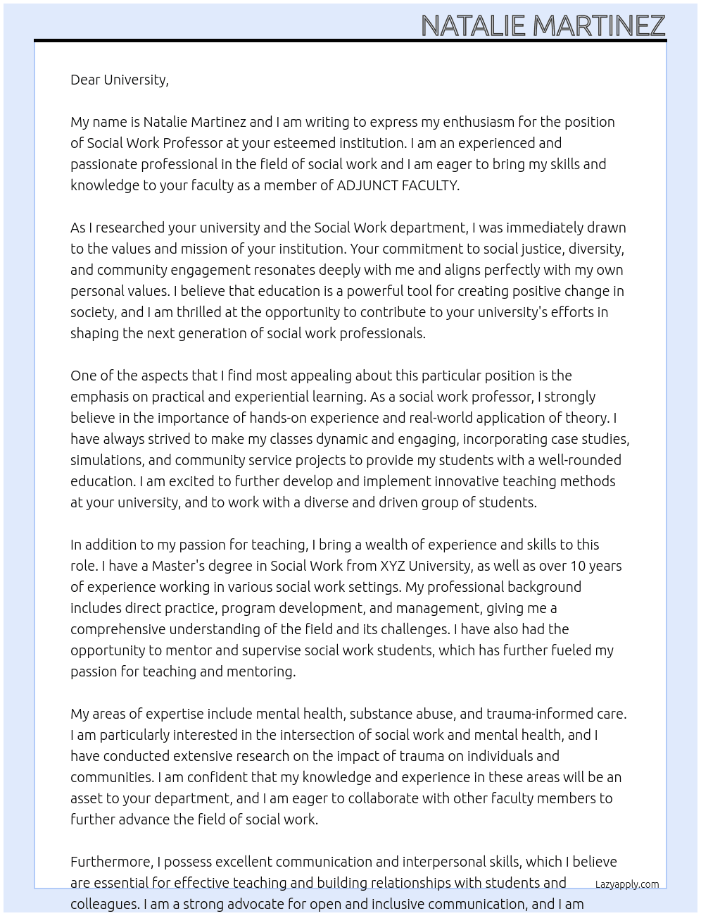 Social work professor At ADJUNCT FALCULTY  Cover Letter