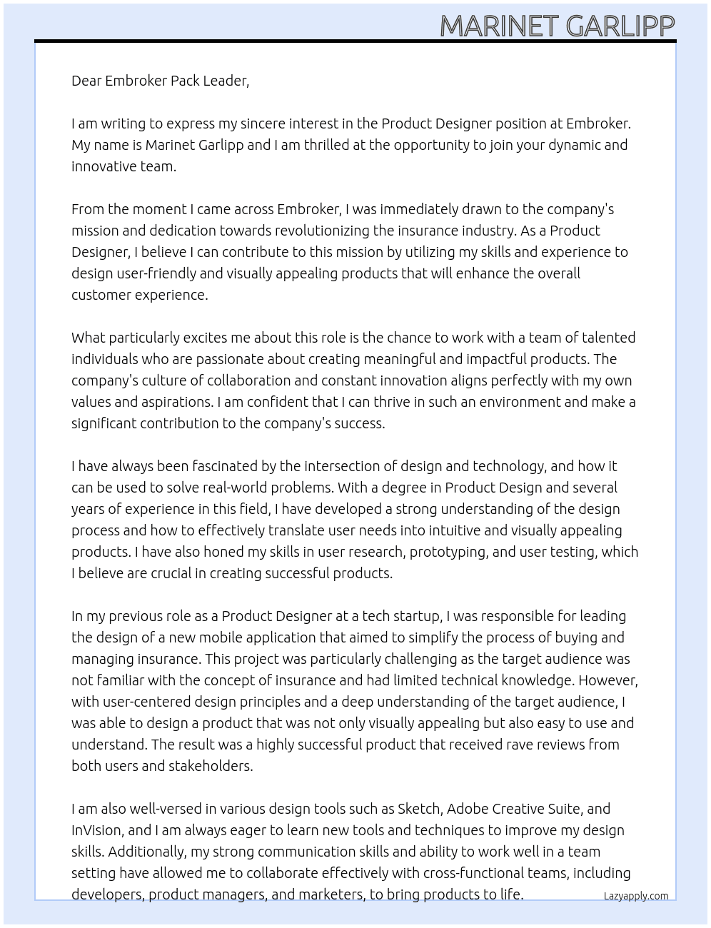 Product Designer At Embroker Cover Letter