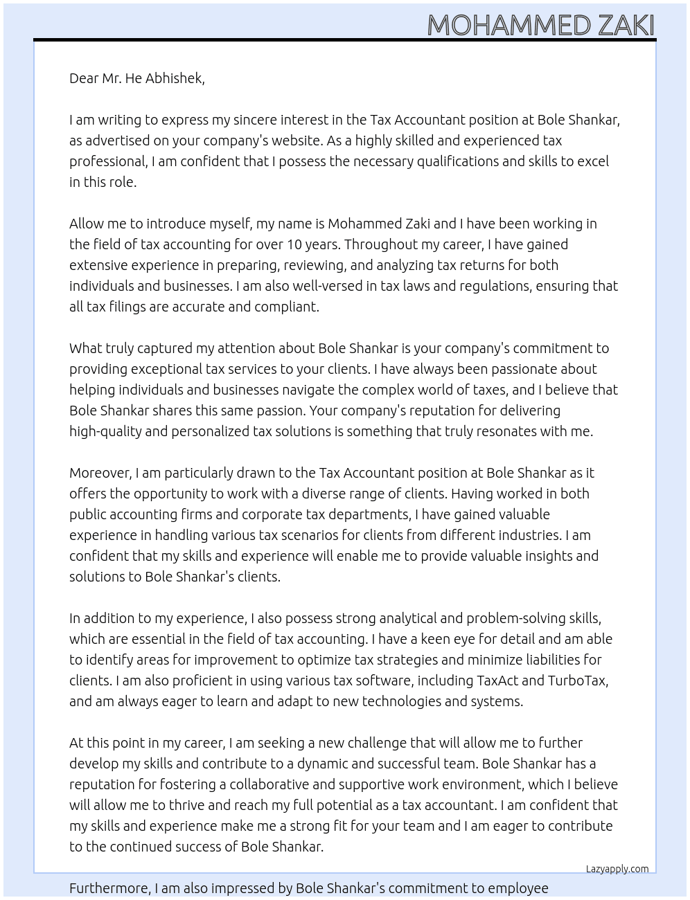 Tax accountant At Bole Shankar Cover Letter