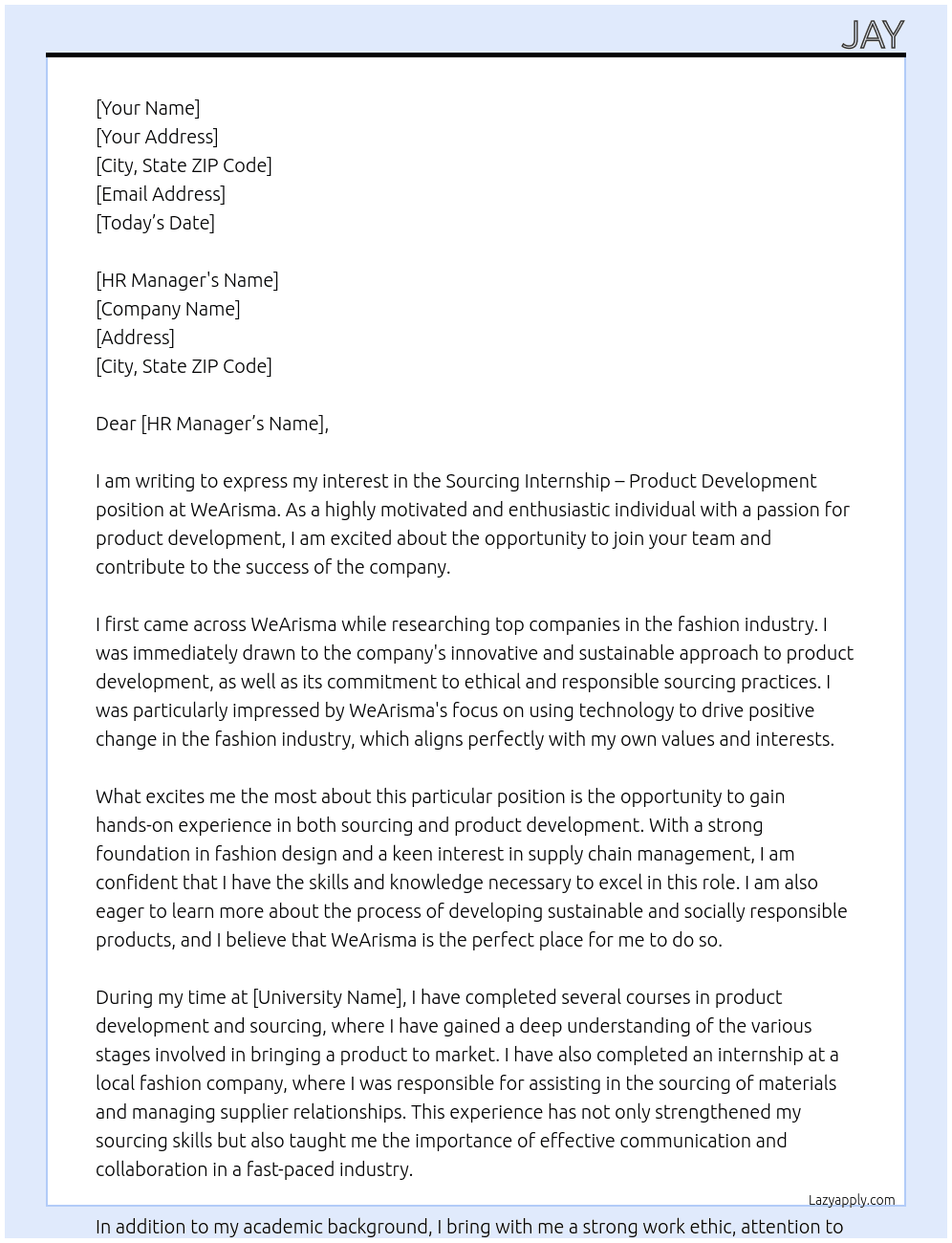 Sourcing Internship - Product Development At WeArisma Cover Letter