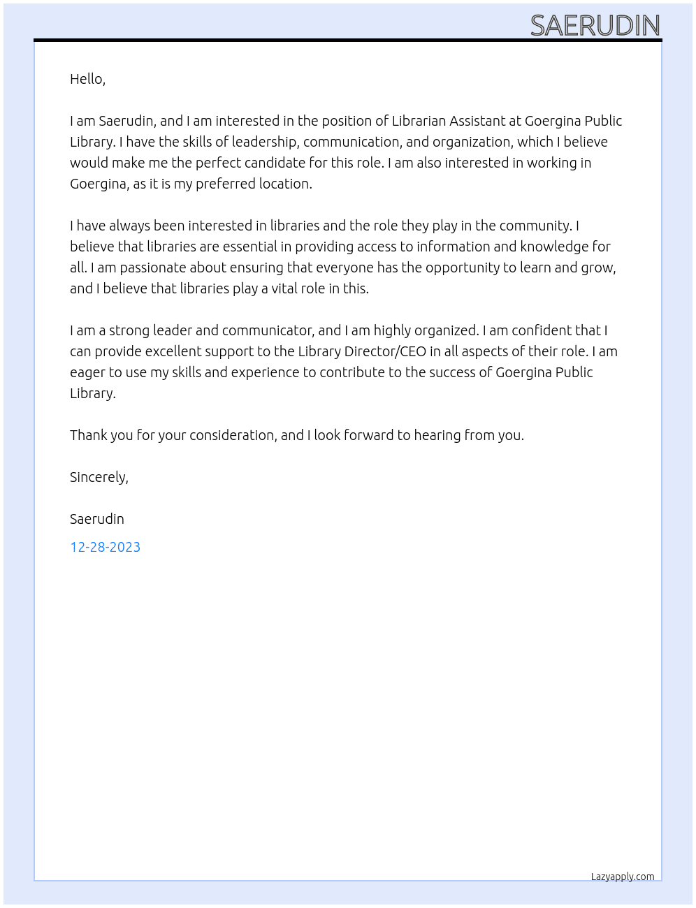 Librarian Assistant At Goergina Public Library Cover Letter