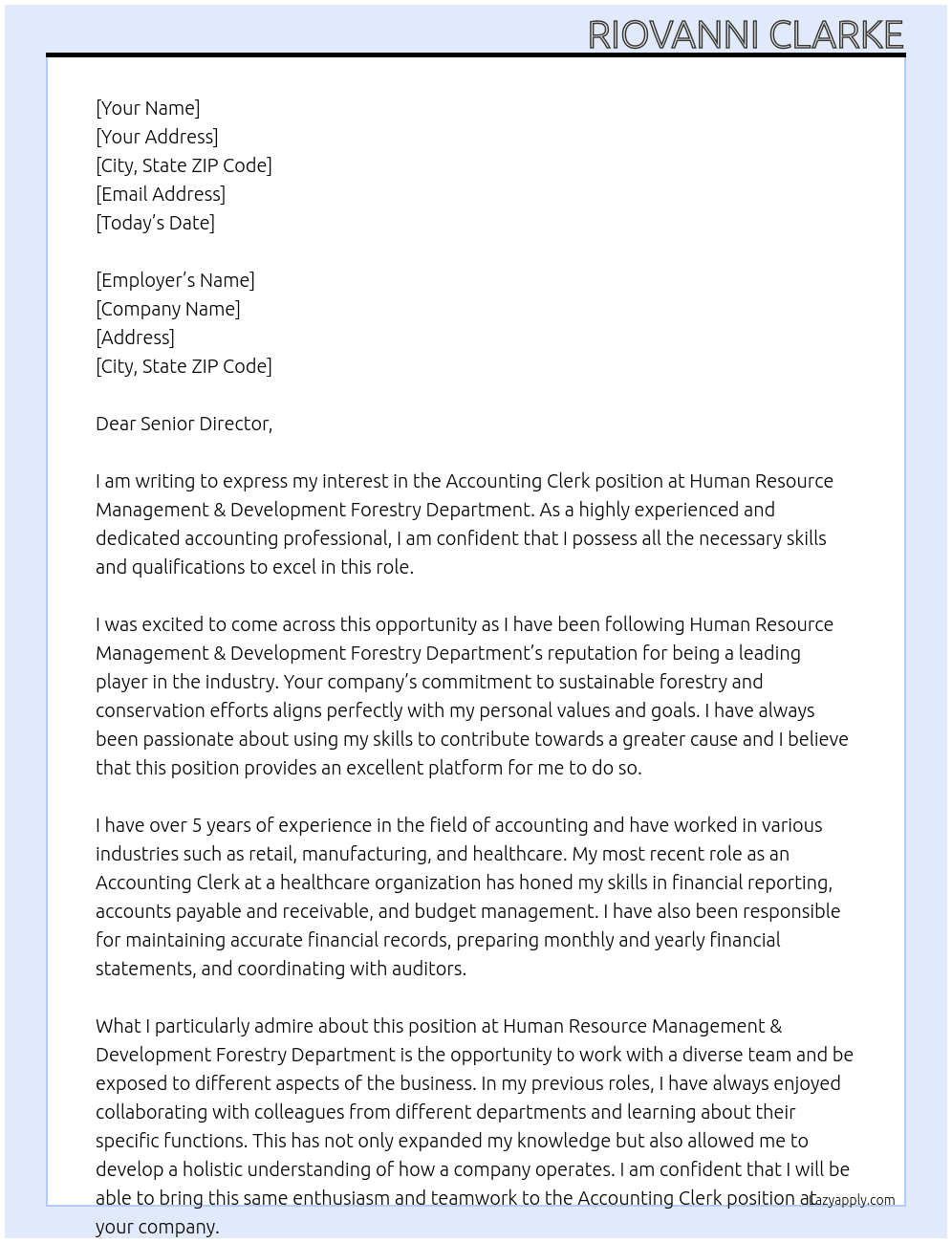 Accounting Clerk At Human Resource Management & Development  Forestry Department Cover Letter