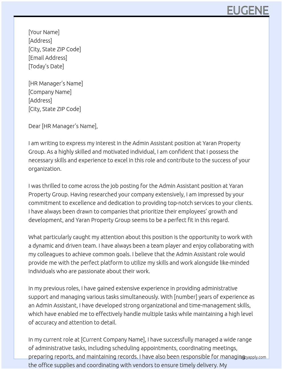 Admin Assistant At Yaran Property Group Cover Letter